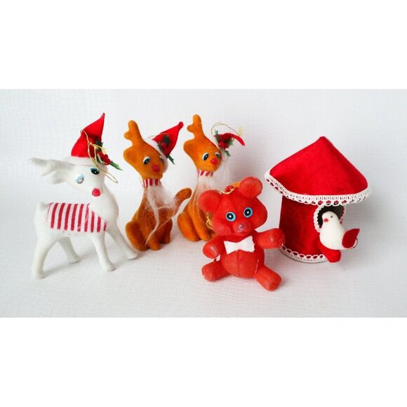 5 Vintage Flocked Christmas Tree Ornaments Deer Bird House With White Dove & Bea - Picture 1 of 7